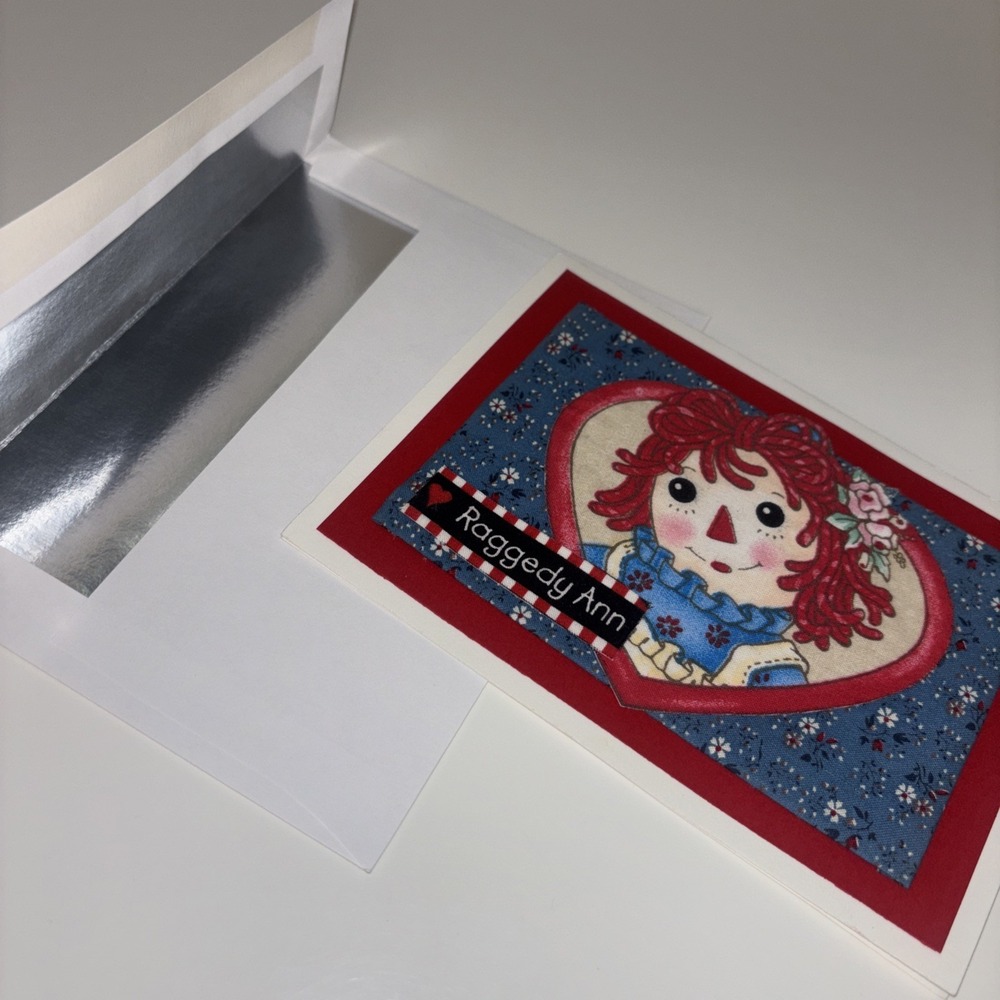 Handmade Raggedy Ann Greeting Card with Silver Lined Envelope Fabric Layered Art - Picture 5 of 9